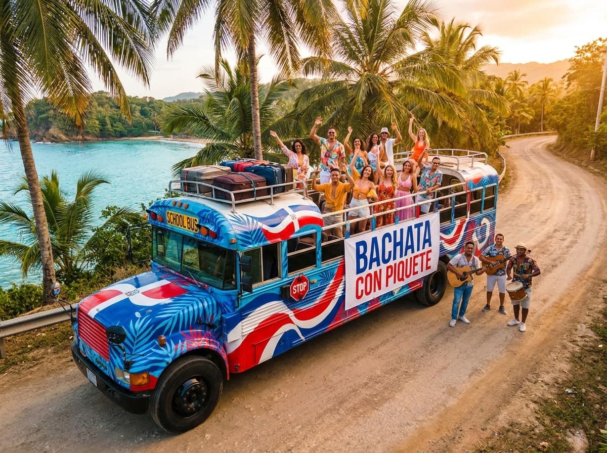 The Bachata Con Piquete party bus on the road in the Dominican Republic